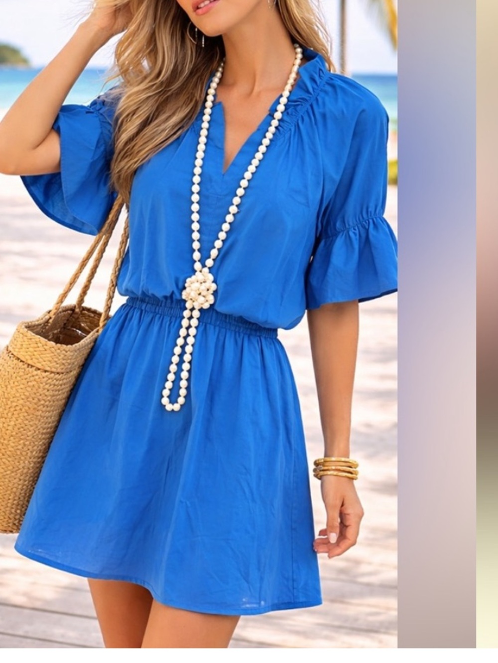 Finley,Silky Poplin Dress USA Ruffle Neck Flutter Sleeve Banded Waist Size S